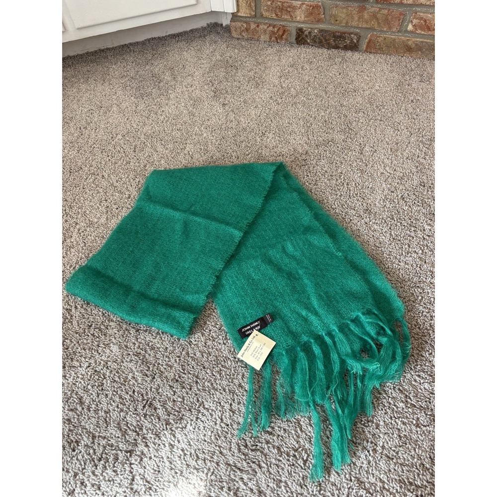 Vintage John Hanley Irish Solid Green 70% Mohair 30% Wool Fringe Scarf ~ 12x80